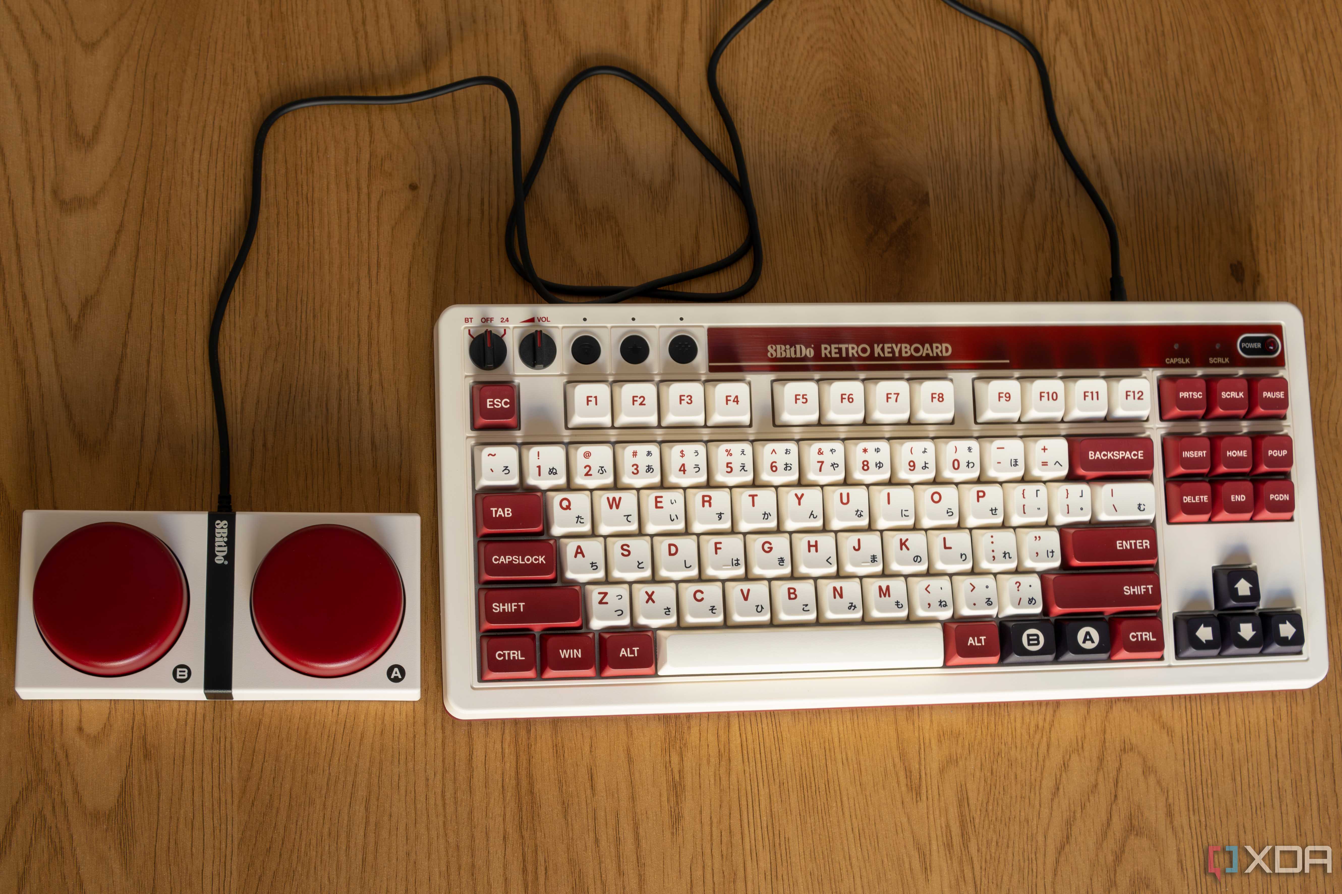Top-down view of the 8BitDo Retro Mechanical Keyboard and Dual Super Buttons