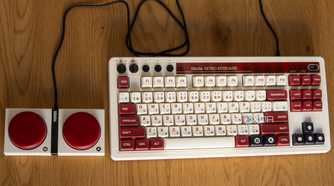 Top-down view of the 8BitDo Retro Mechanical Keyboard and Dual Super Buttons