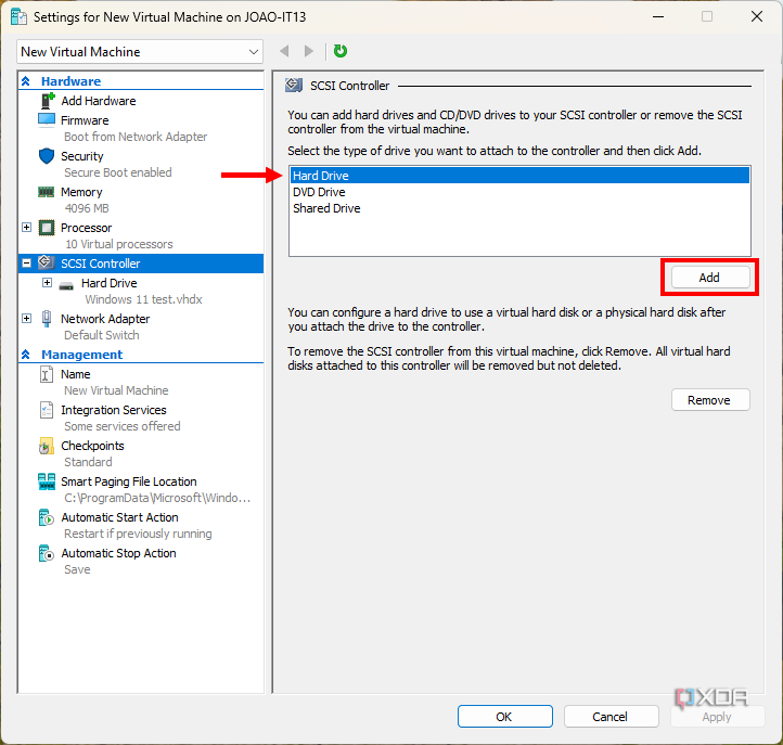Screenshot of Hyper-V VM settings showing the option to add a hard drive to a VM