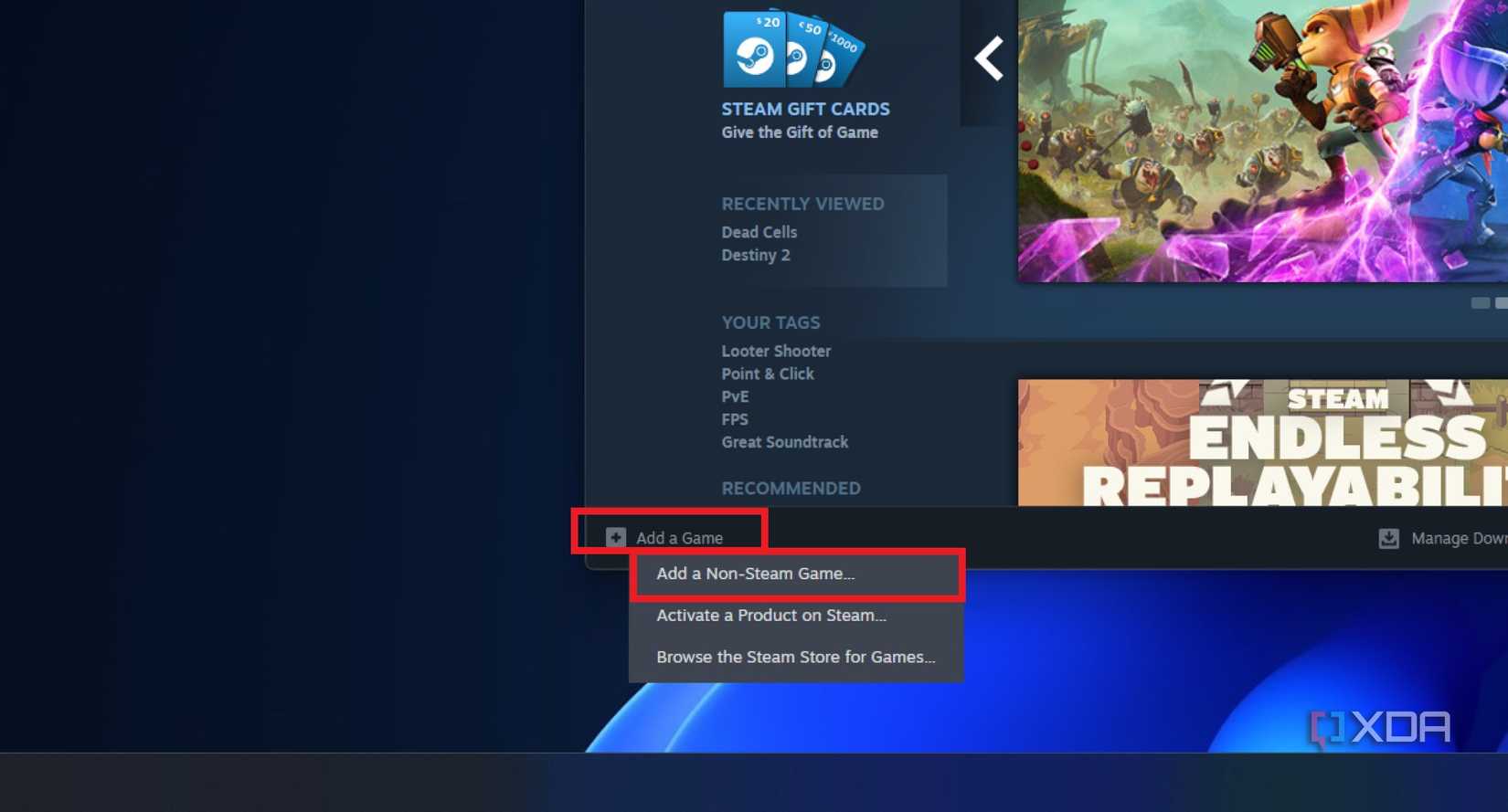 screenshot of the steam desktop app with the add a non-steam game option highlighted