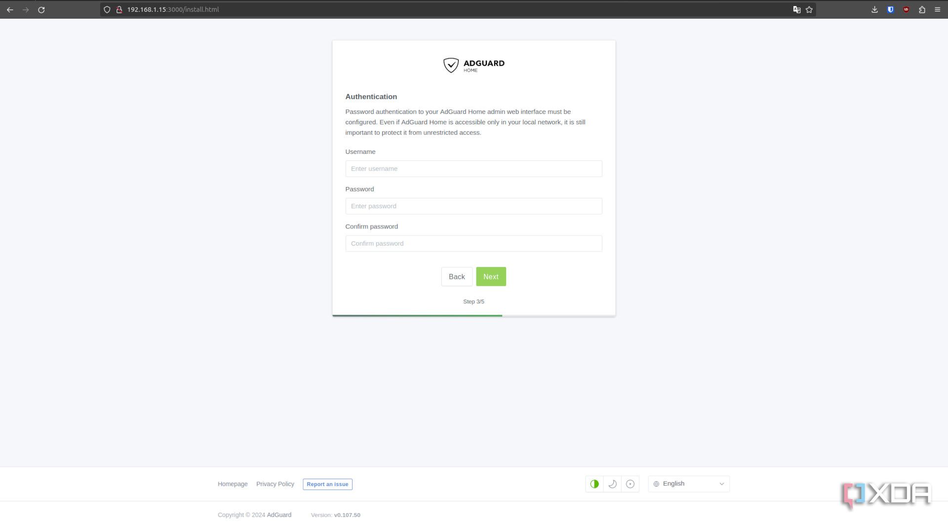 AdGuard installer account screen