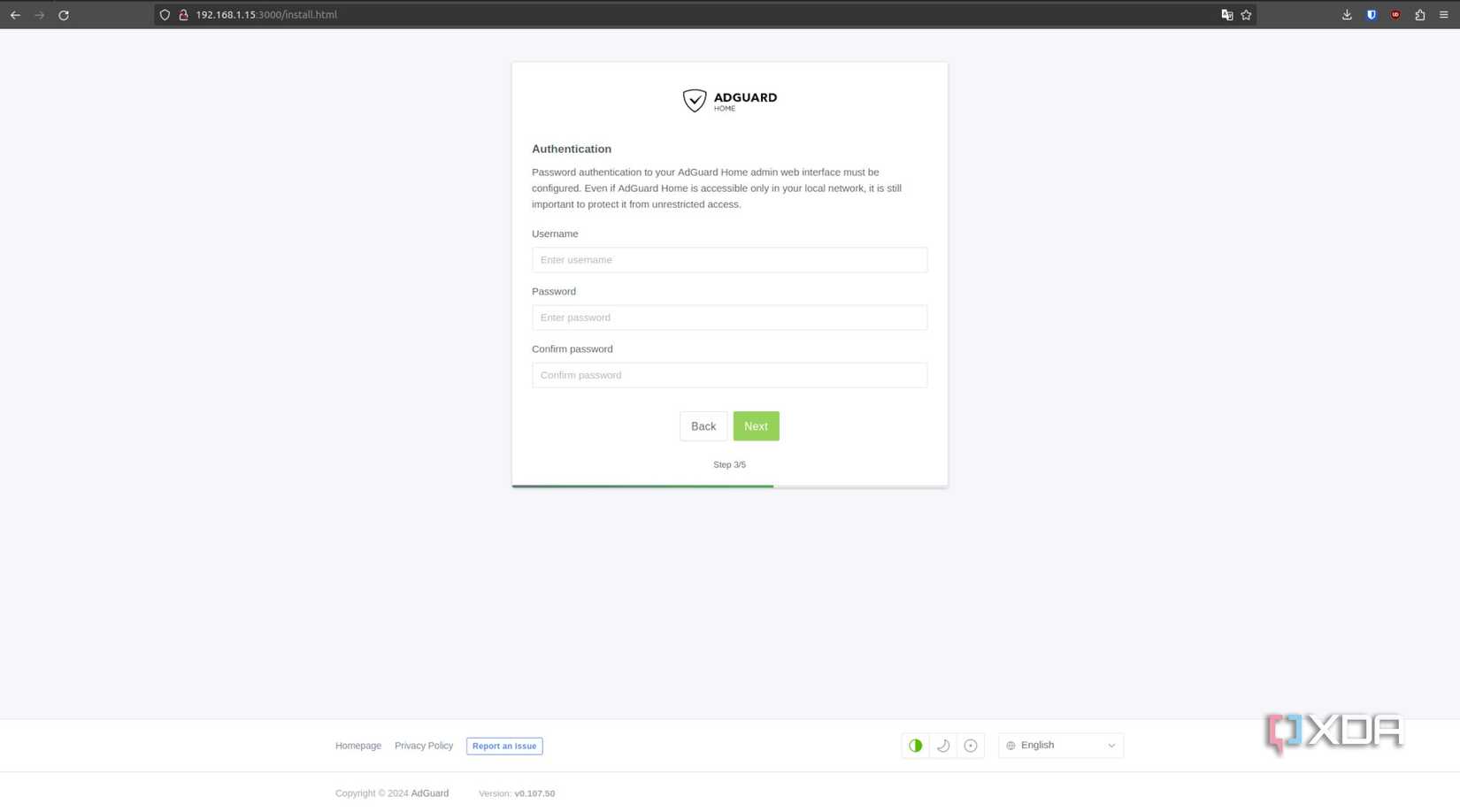 AdGuard installer account screen
