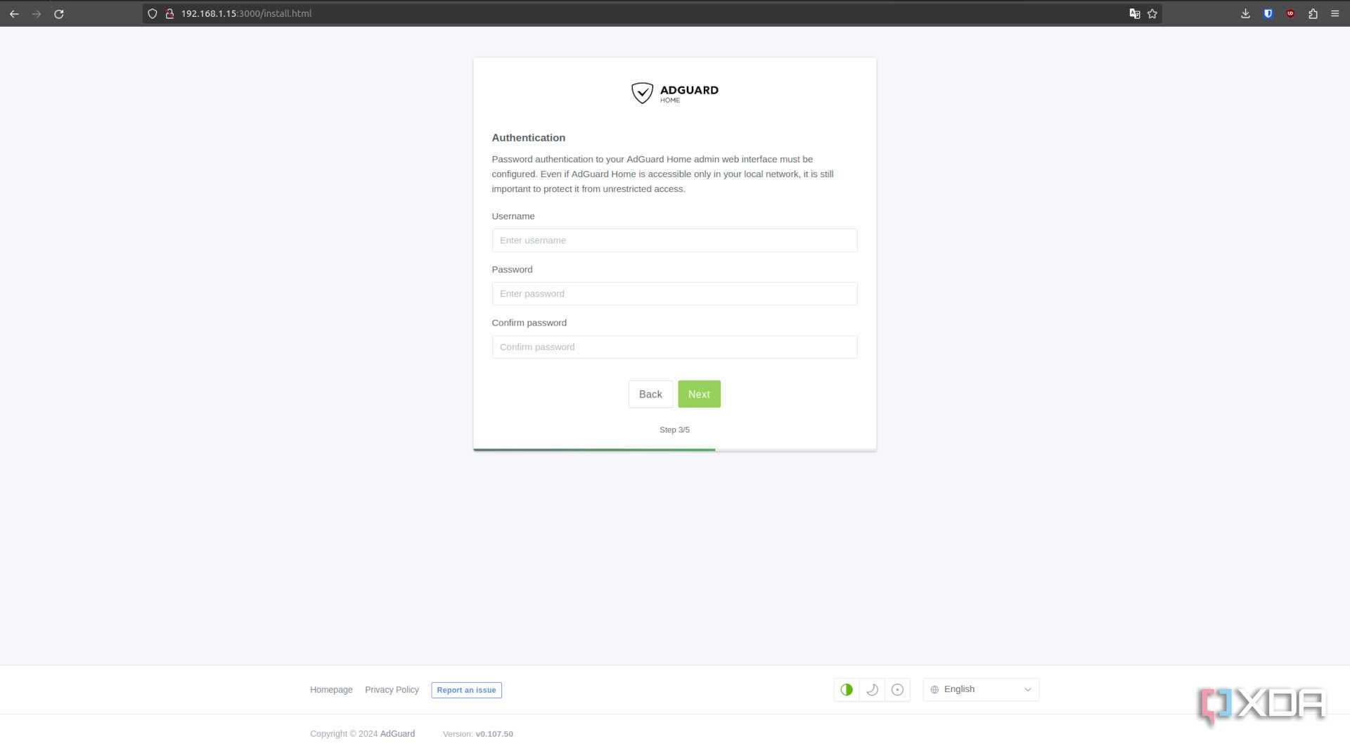 AdGuard installer account screen