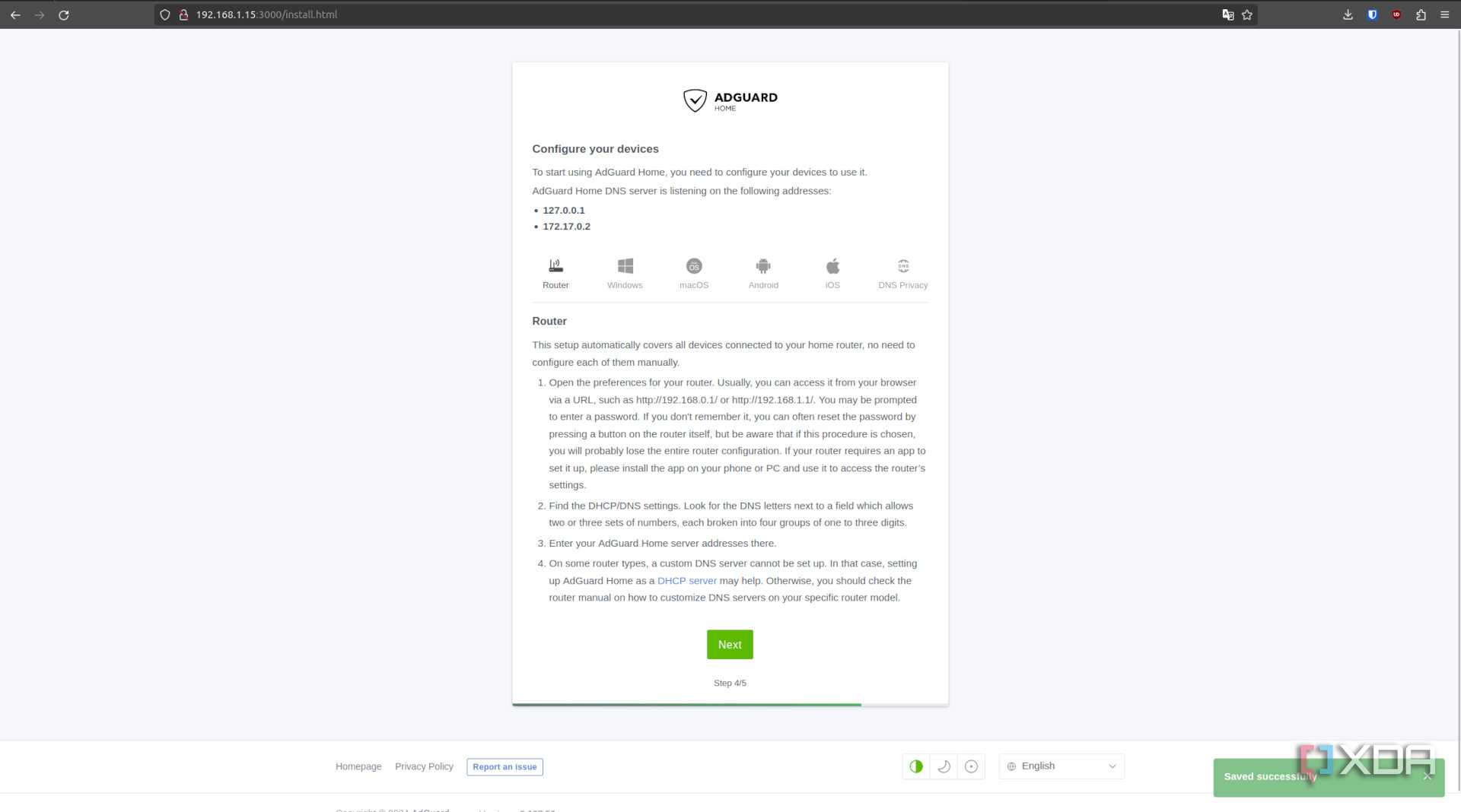 AdGuard installer devices screen