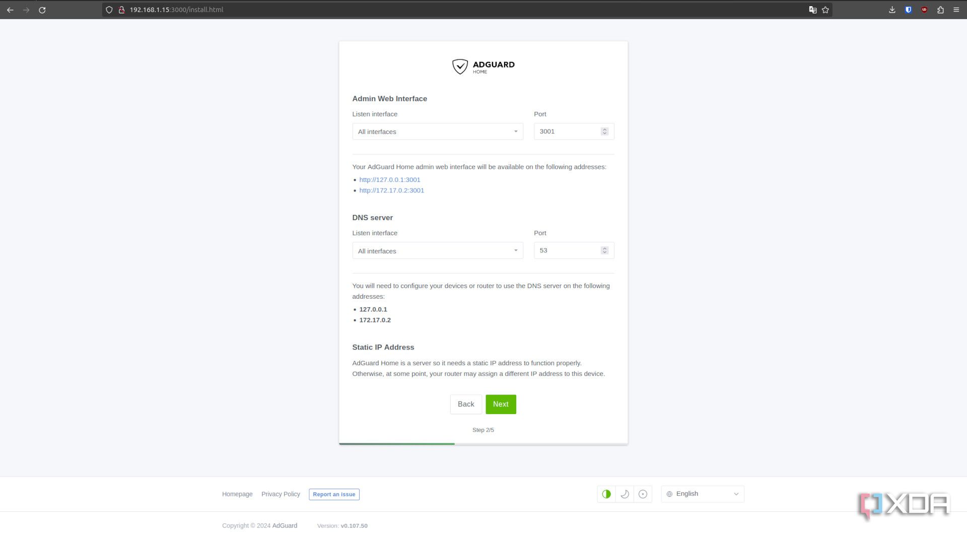 AdGuard installer ports screen