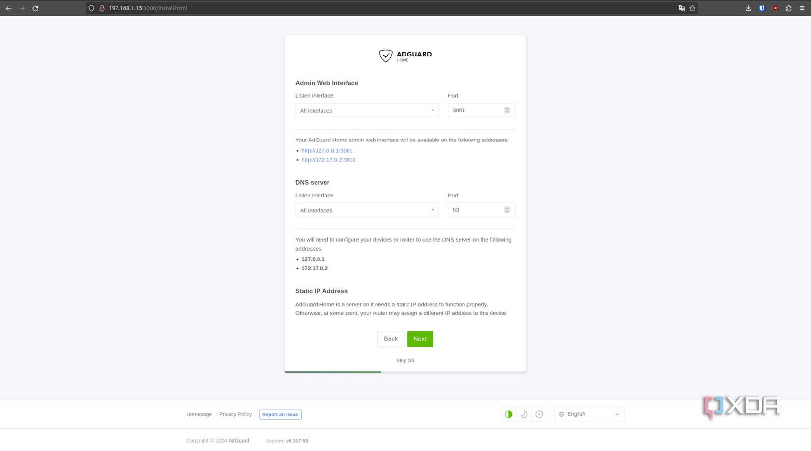 AdGuard installer ports screen