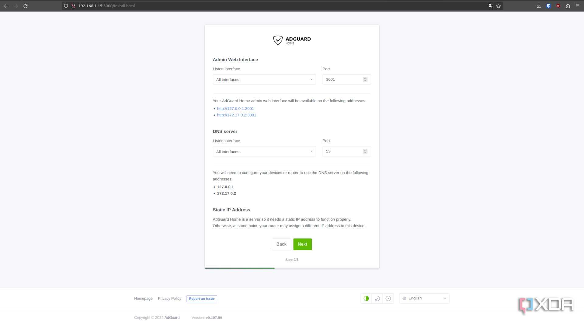 AdGuard installer ports screen