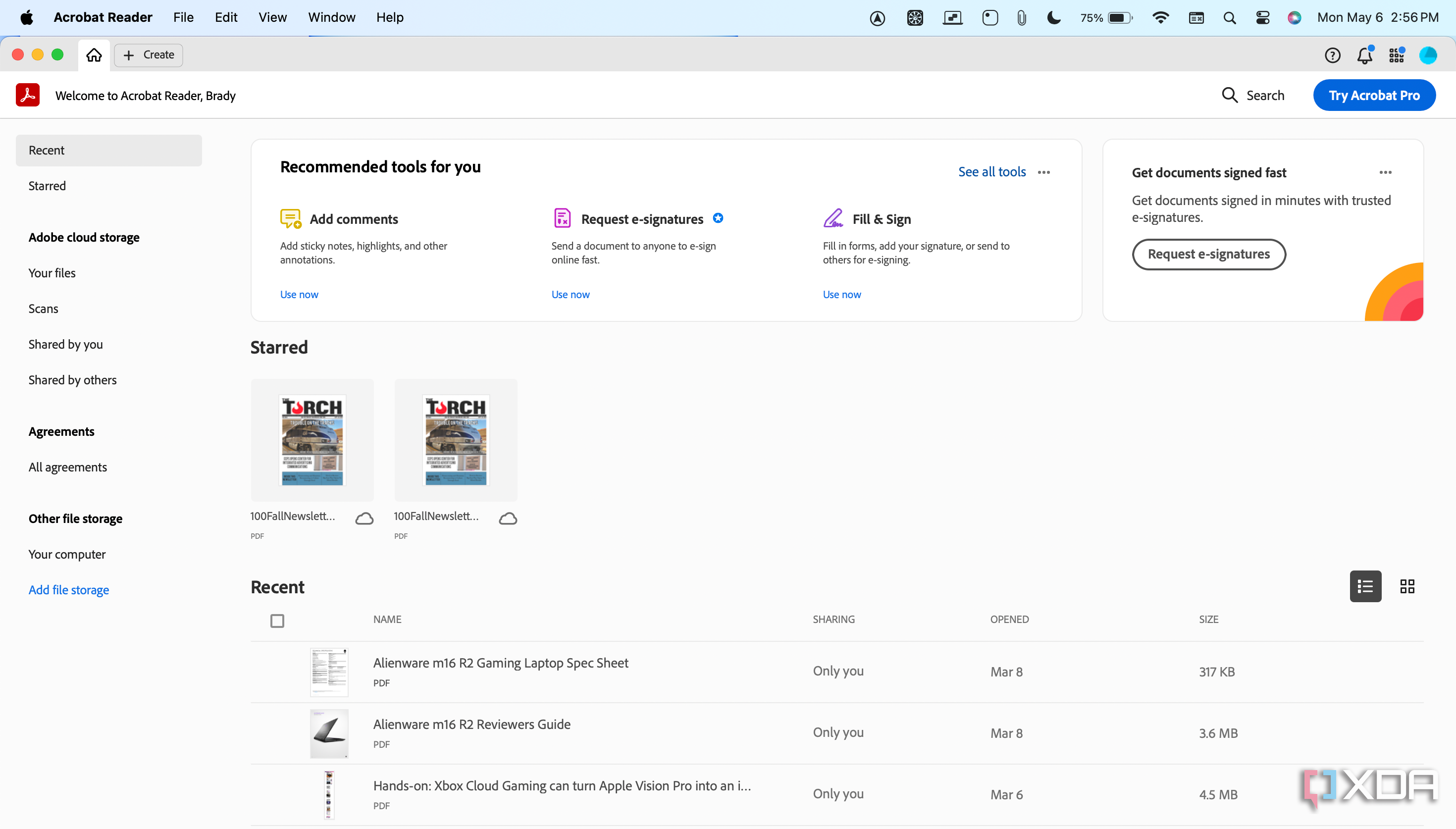 The Adobe Acrobat homepage in macOS.