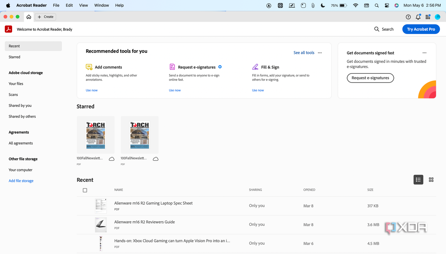 The Adobe Acrobat homepage in macOS.