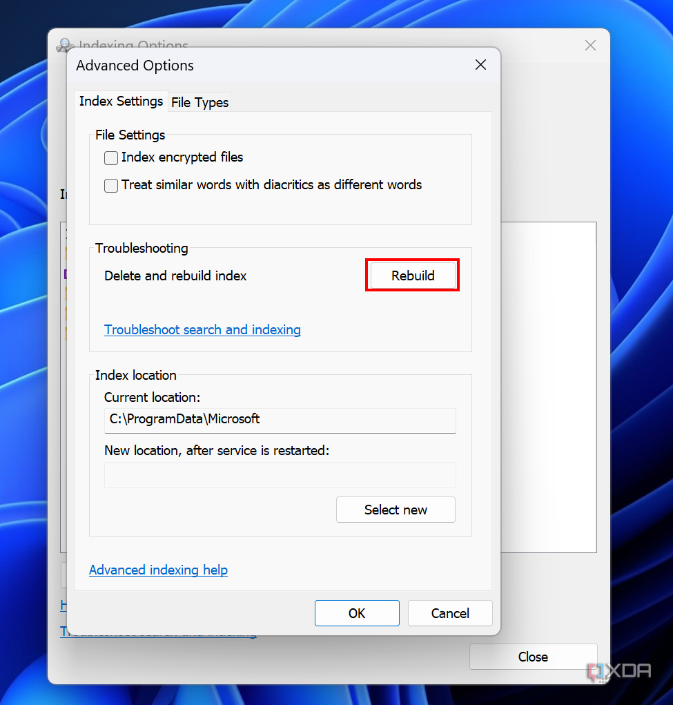 Screenshot of advanced indexing settings in Windows 11