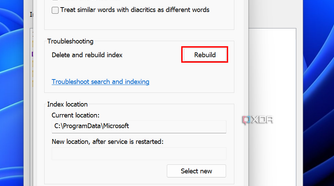 Screenshot of advanced indexing settings in Windows 11