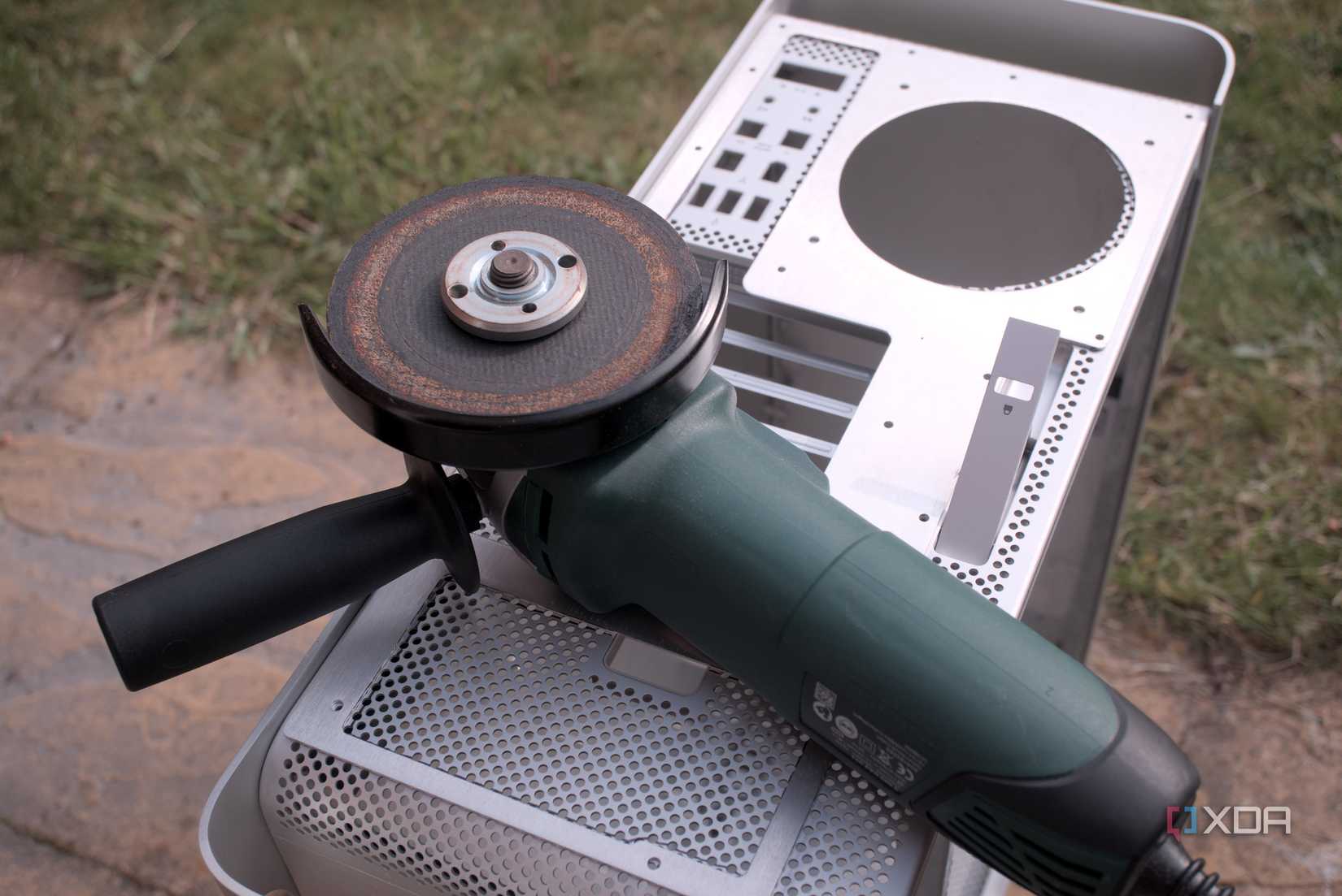 Power Mac G5 case with the angle grinder