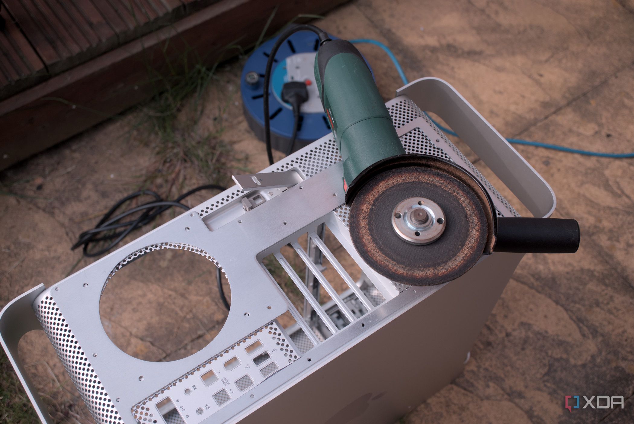 Power Mac G5 with angle grinder