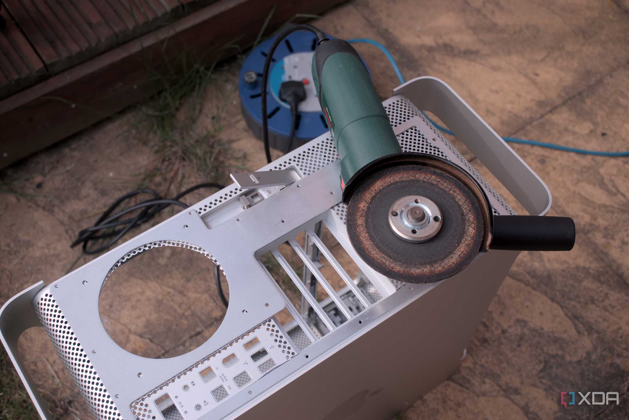 Power Mac G5 with angle grinder