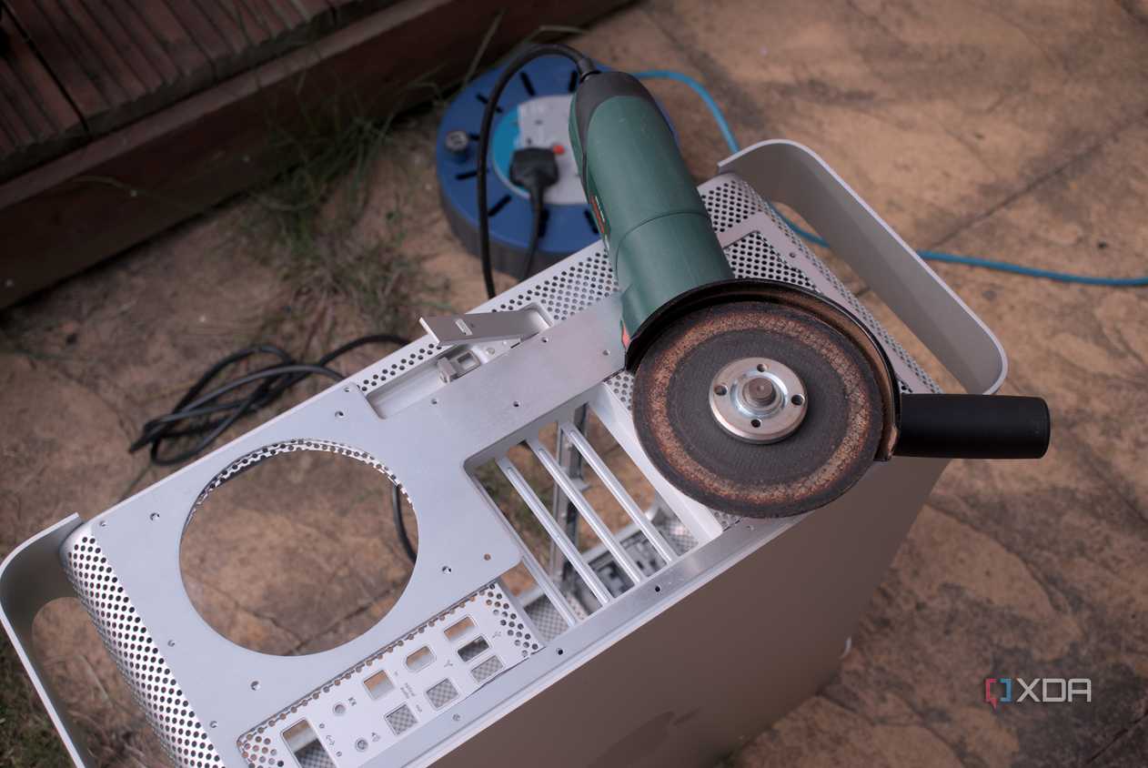 Power Mac G5 with angle grinder