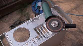 Power Mac G5 with angle grinder