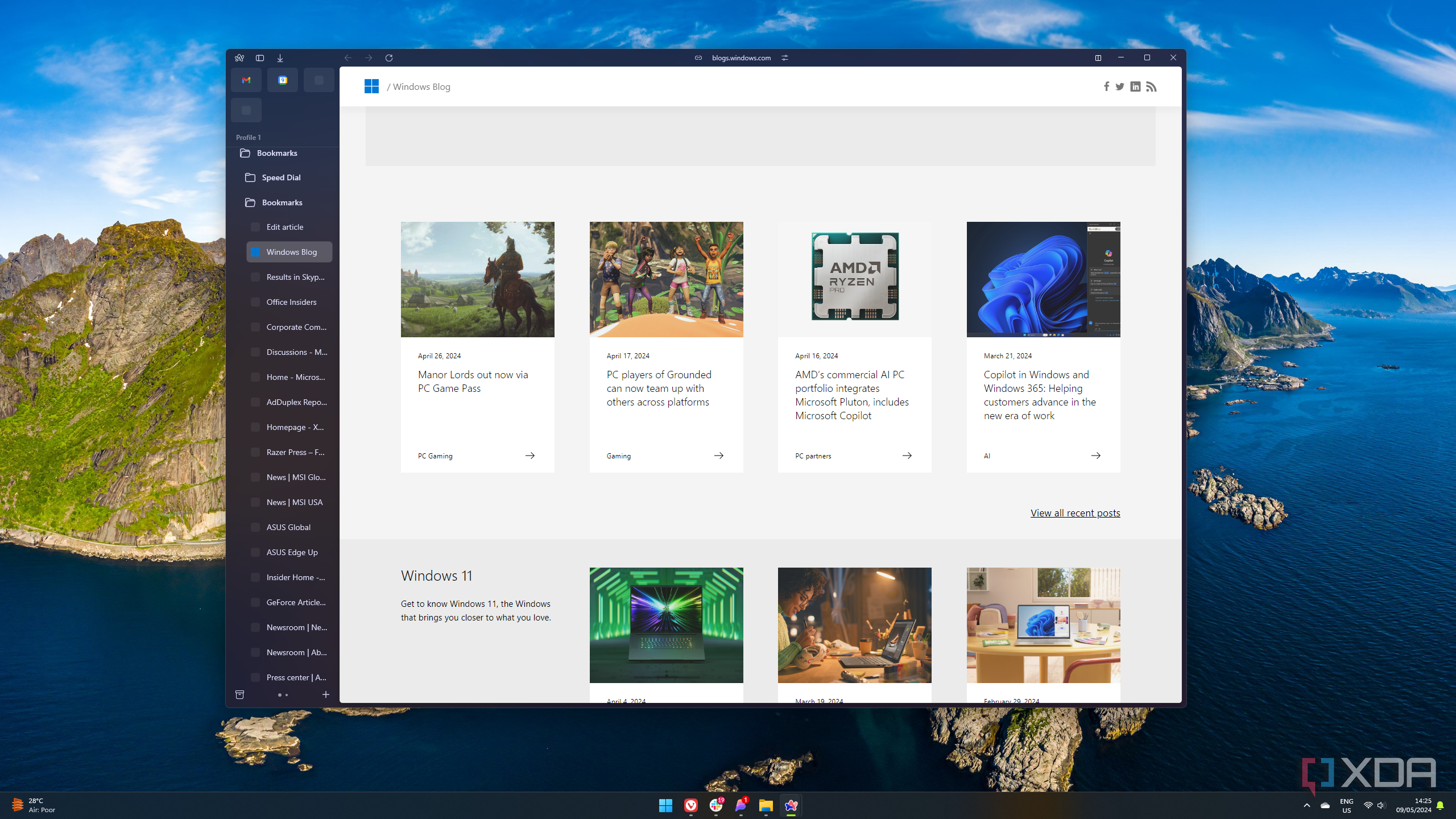 Screenshot of of the Windows blog in Arc showing the tab bar on the side