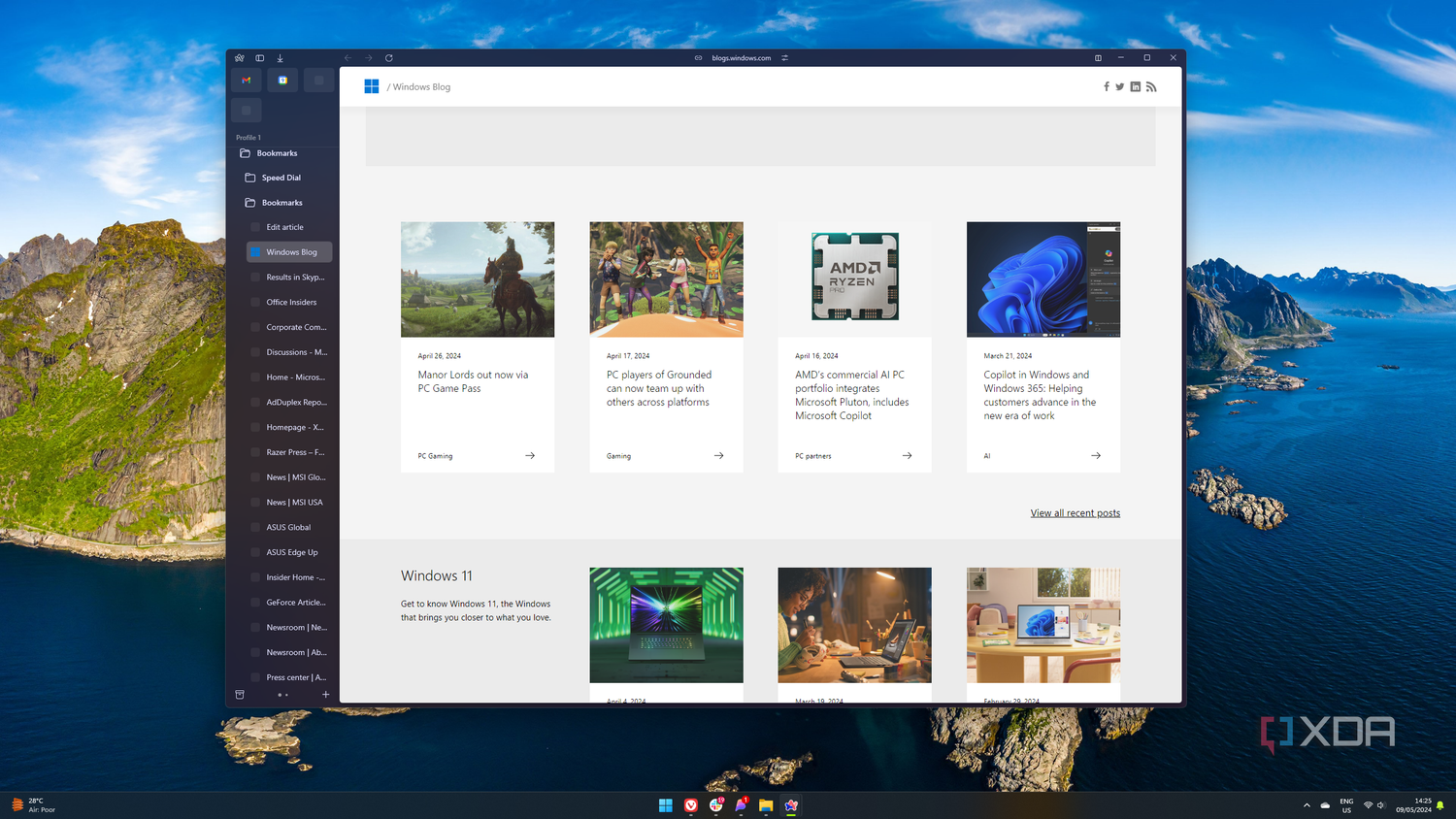 Screenshot of of the Windows blog in Arc showing the tab bar on the side