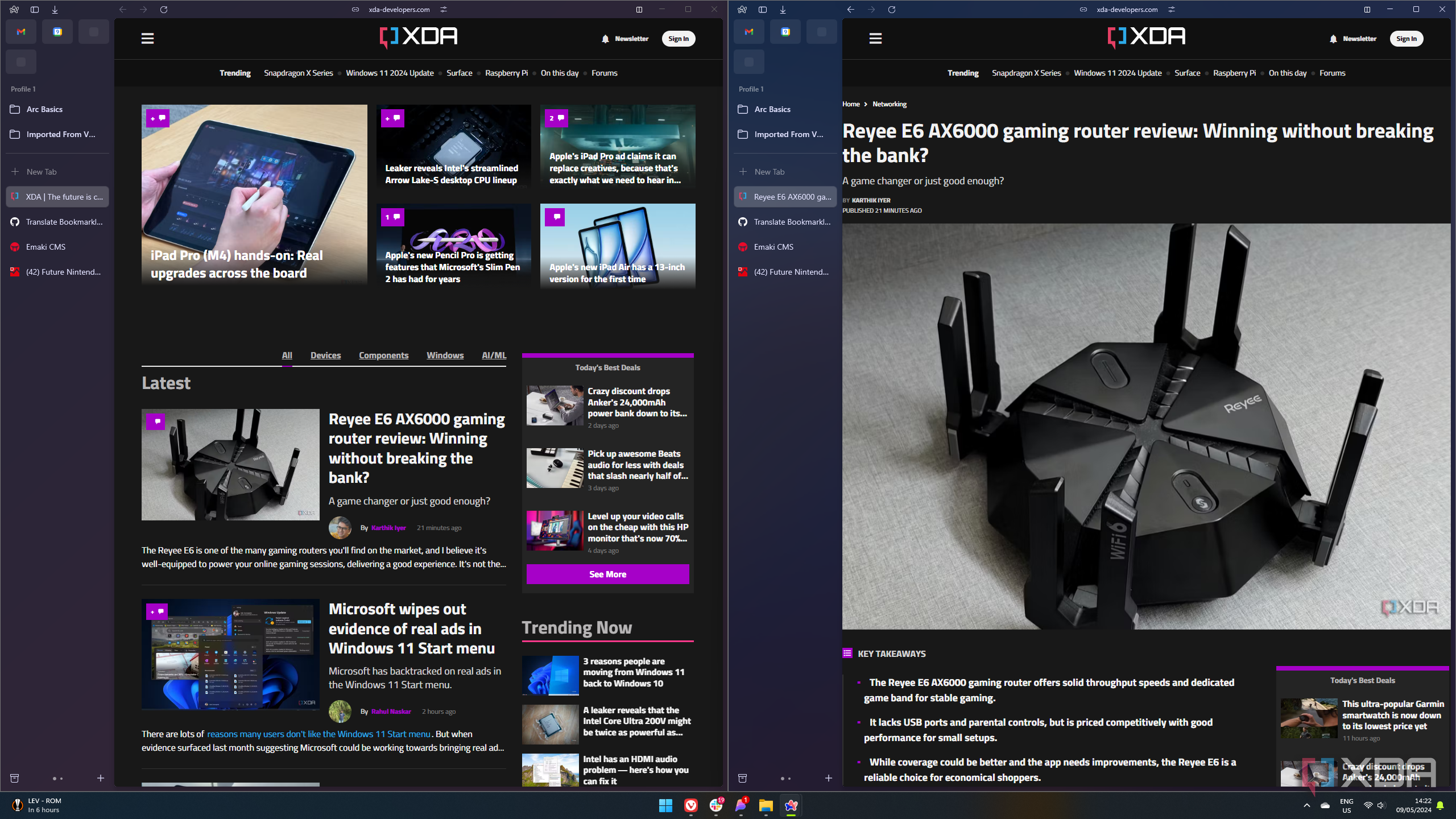 Screenshot of two Arc browser windows showing the same tabs, but one tab is displaying different content
