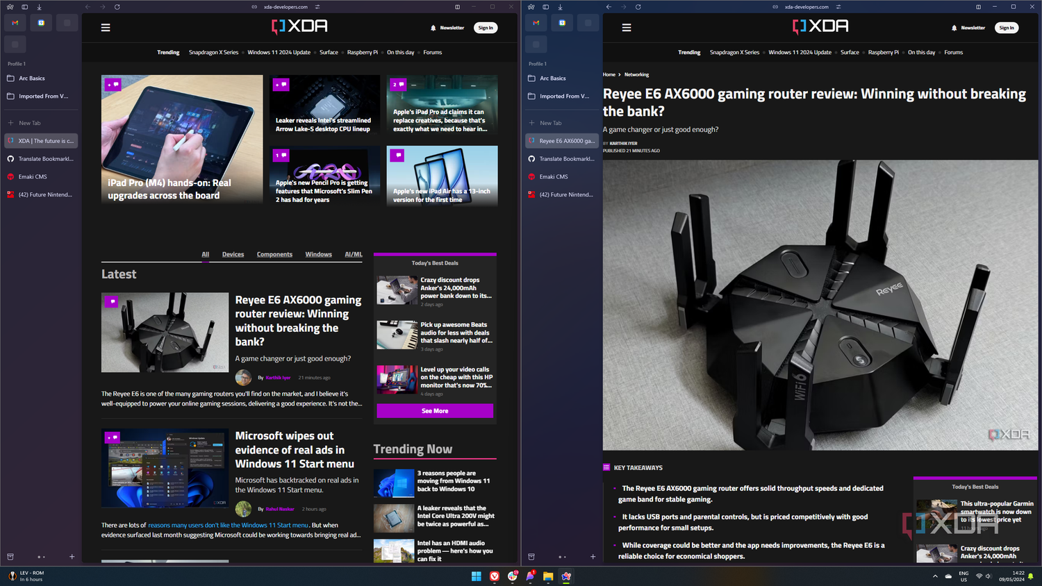 Screenshot of two Arc browser windows showing the same tabs, but one tab is displaying different content