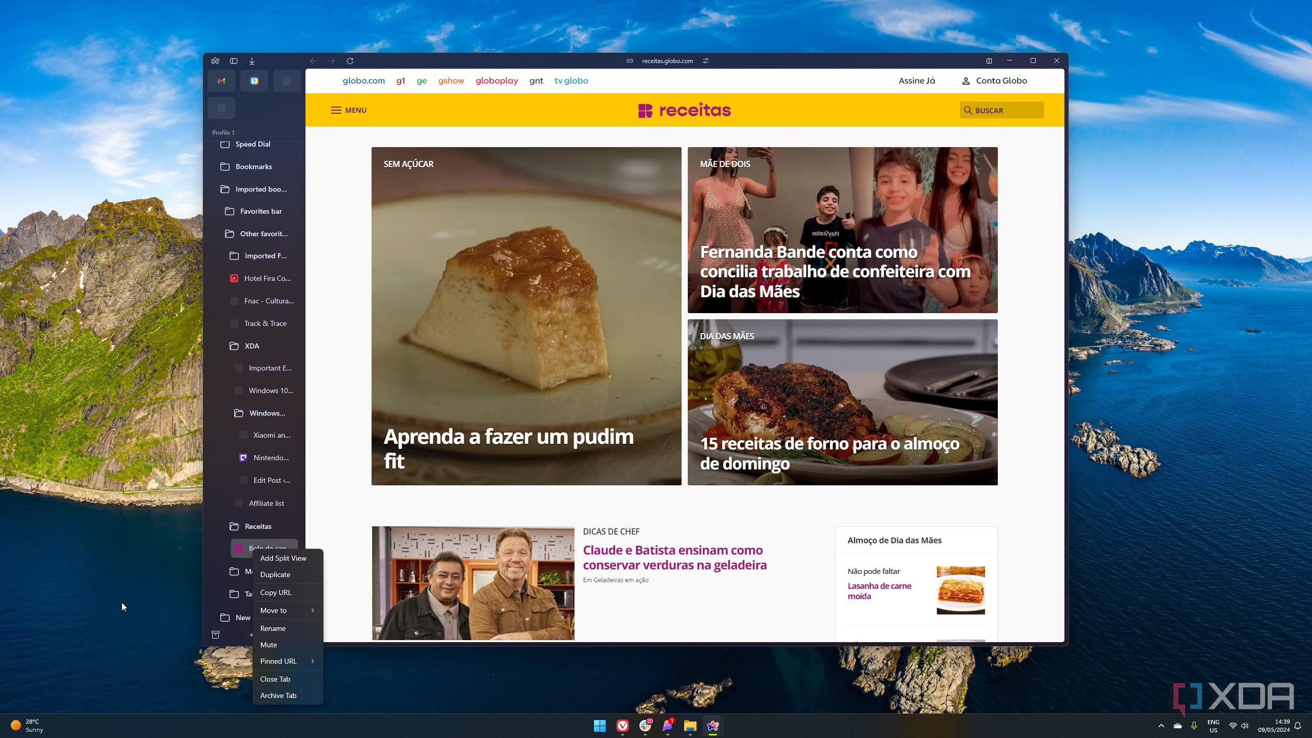 Screenshot of a Portuguese web page in Arc with the tab bar displayed