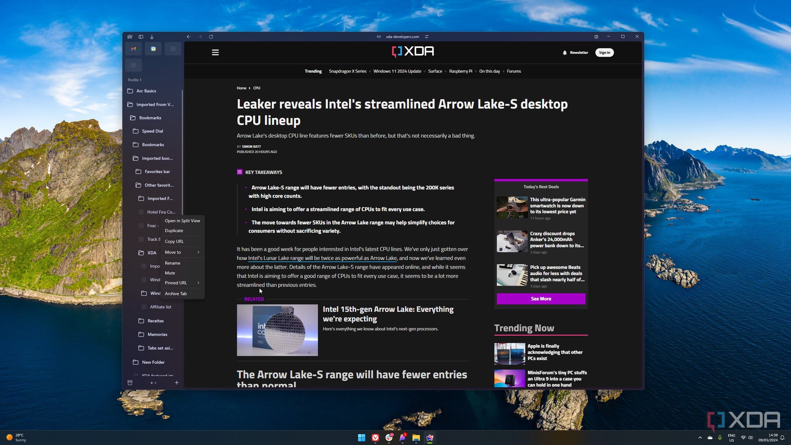 Screenshot of an XDA article in Arc with the bookmark bar and menu option