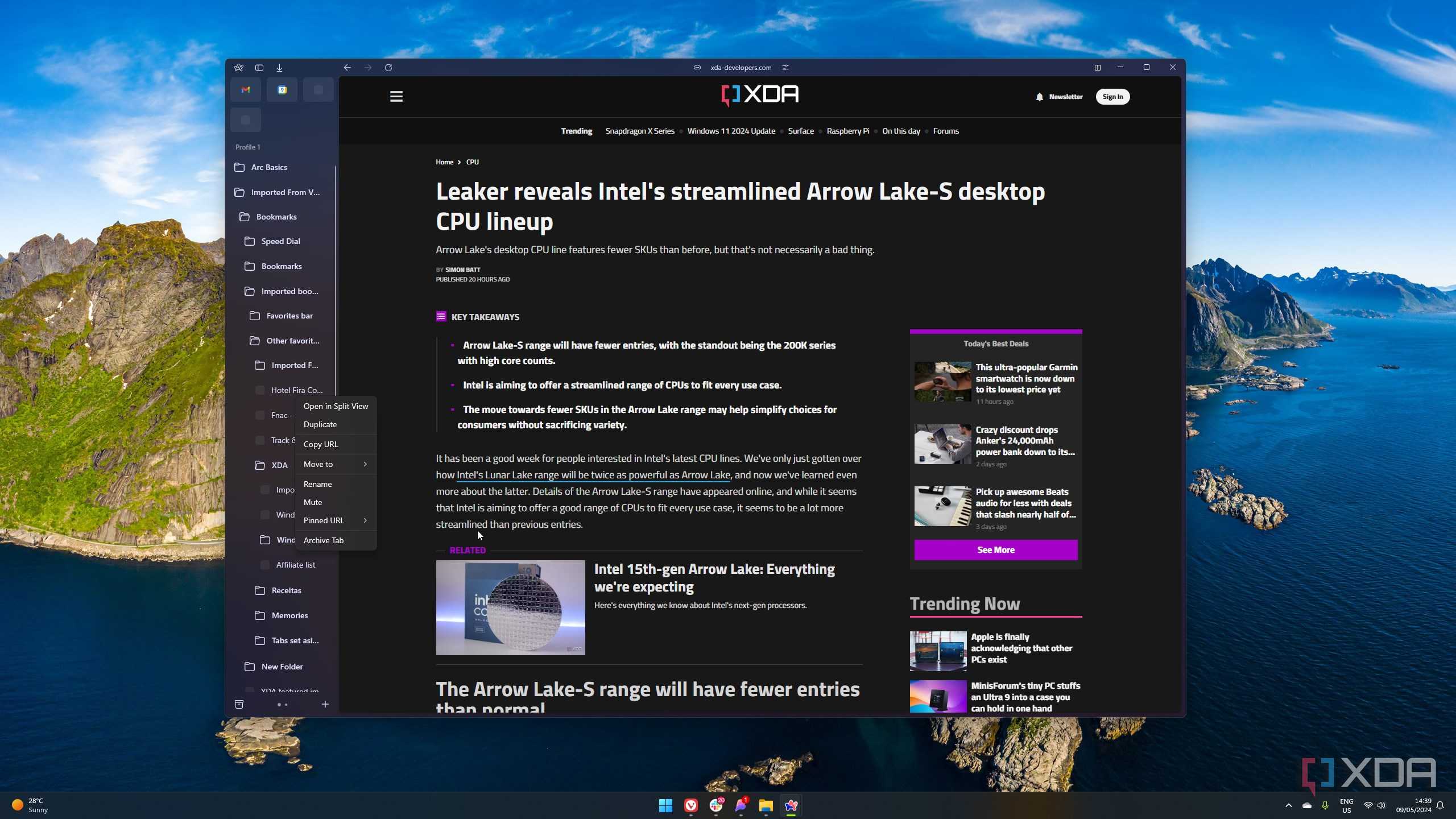Screenshot of an XDA article in Arc with the bookmark bar and menu option