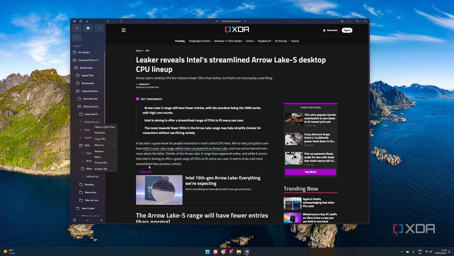 Screenshot of an XDA article in Arc with the bookmark bar and menu option