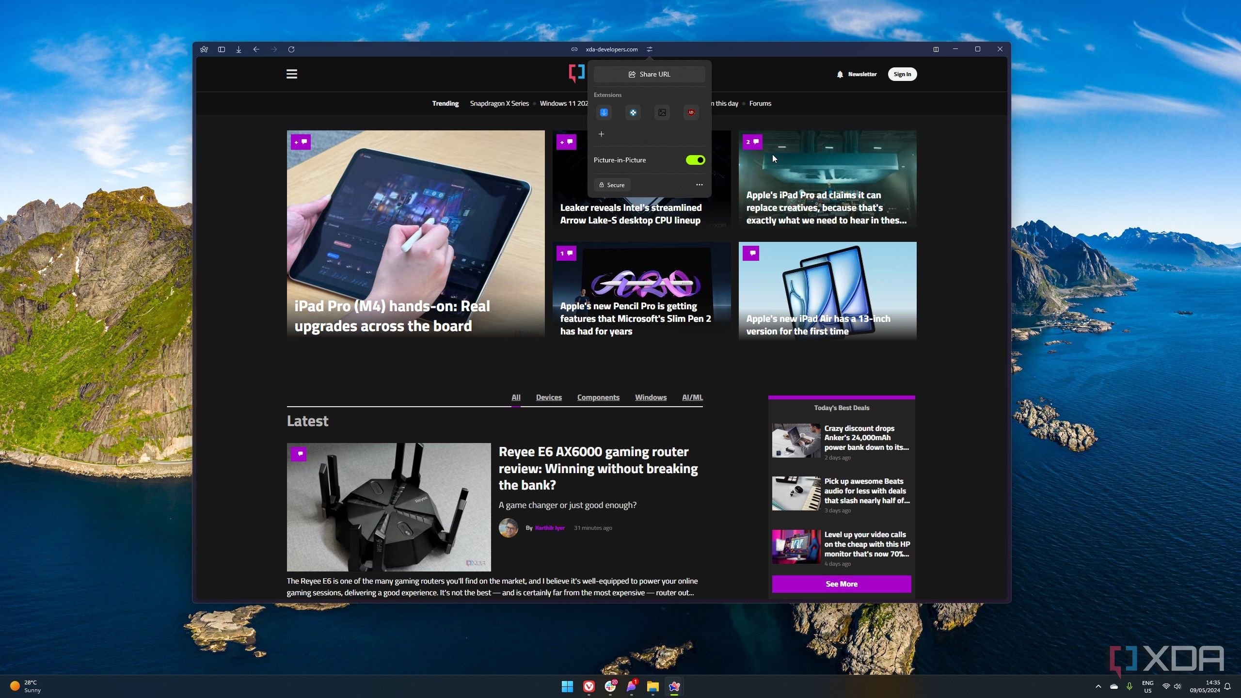 Screenshot of the XDA homepage open in Arc with the URL menu open