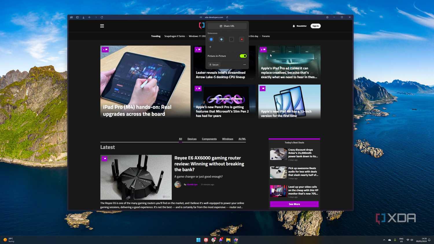 Screenshot of the XDA homepage open in Arc with the URL menu open