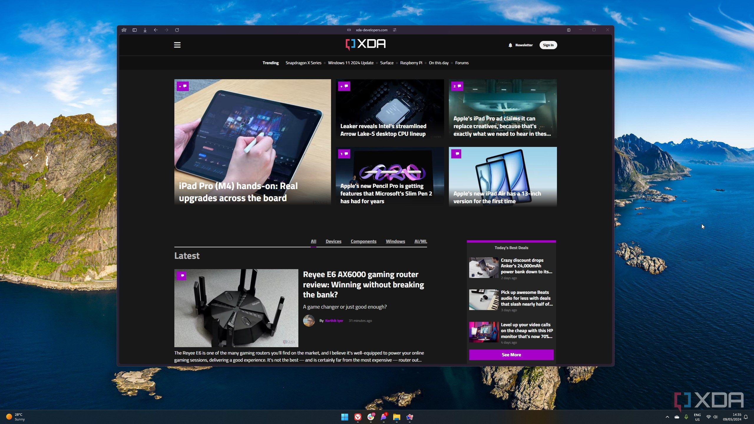 Screenshot of the XDA homepage in Arc