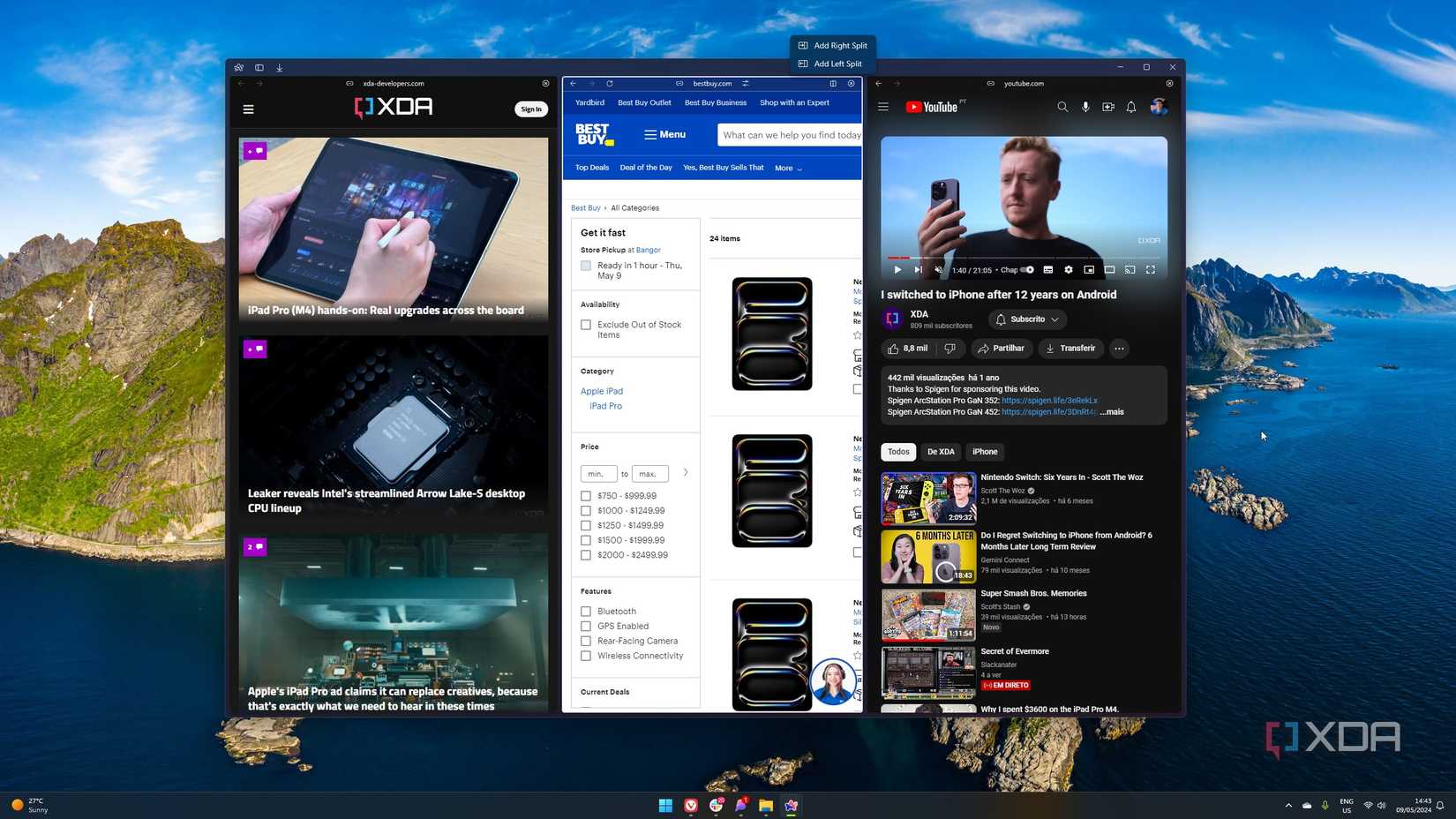 Screenshot of the Arc browser displaying three pages side-by-side