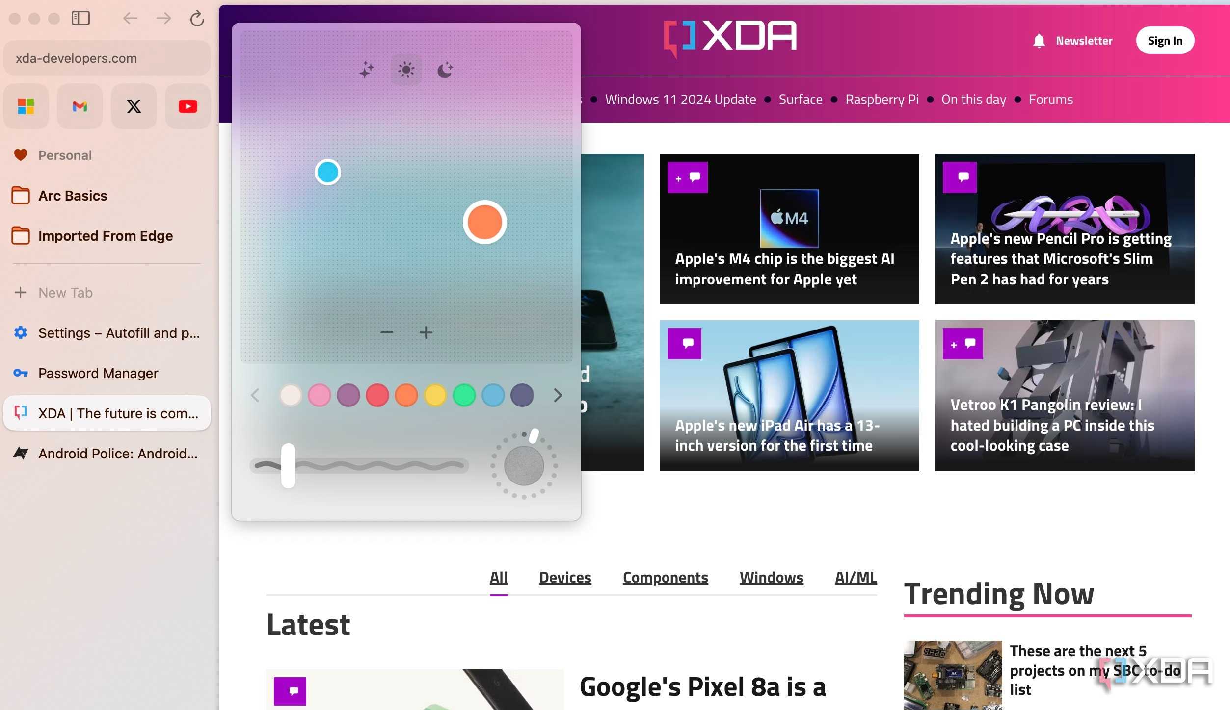 A screenshot showing Theme menu in Arc
