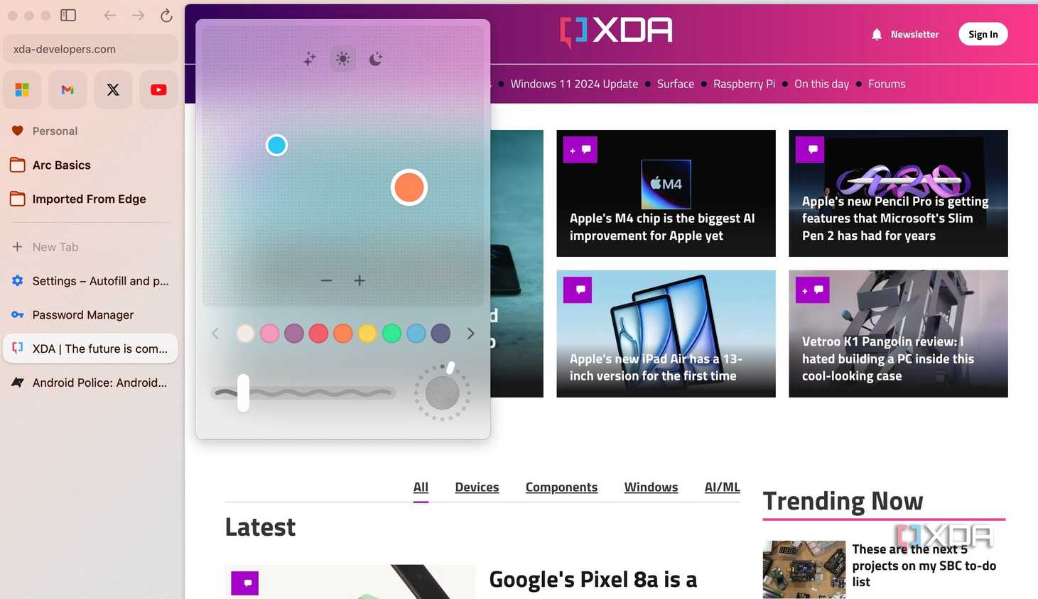 A screenshot showing Theme menu in Arc