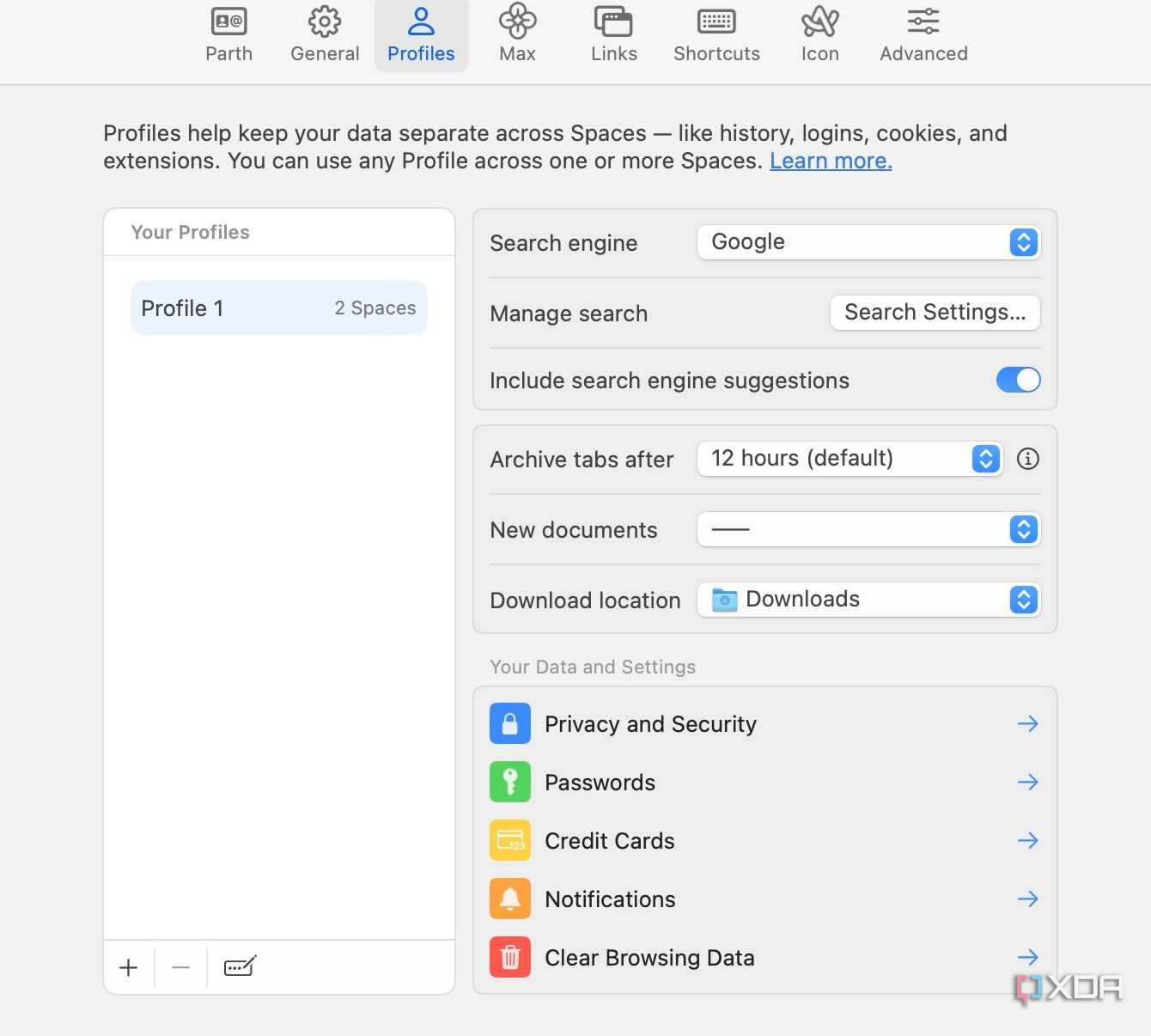 A screenshot showing Arc Profiles
