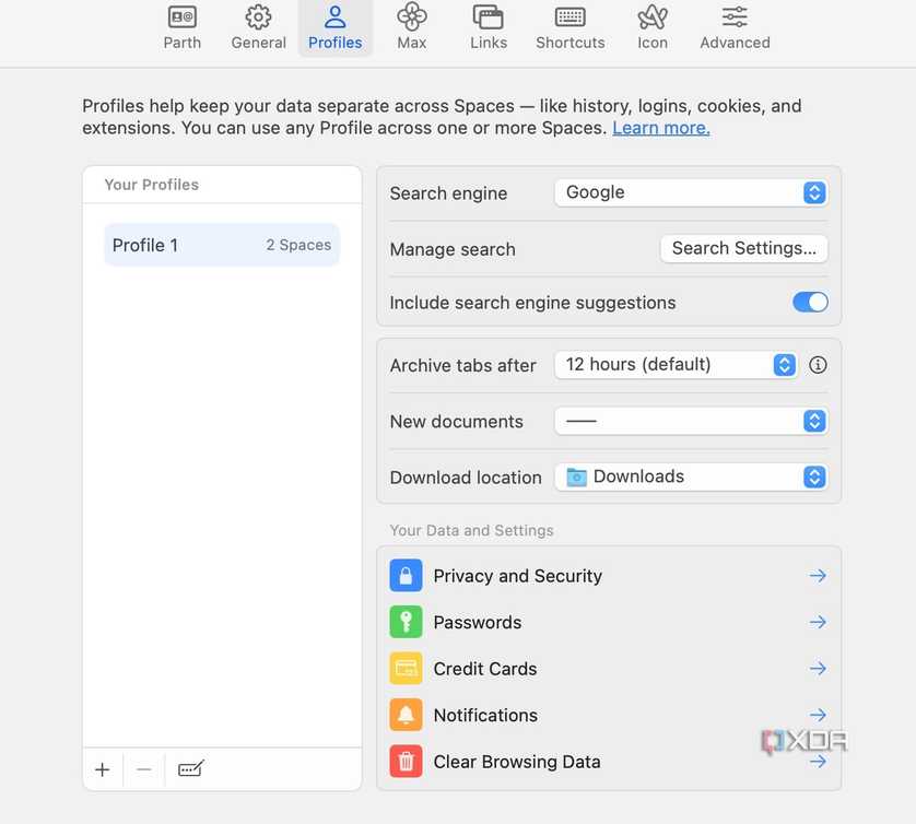 A screenshot showing Arc Profiles