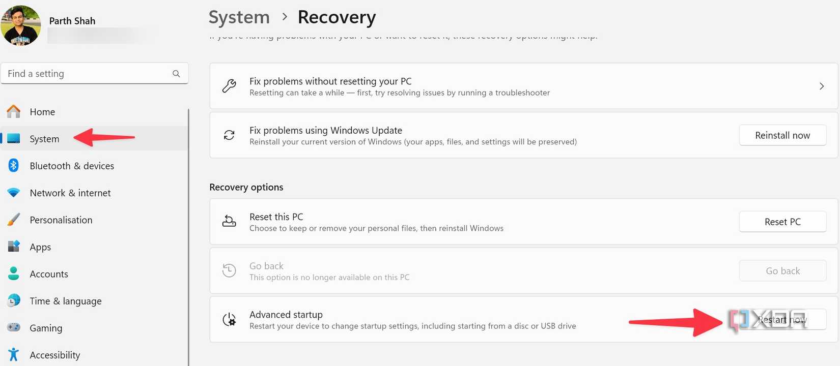 Restart now in advanced setup