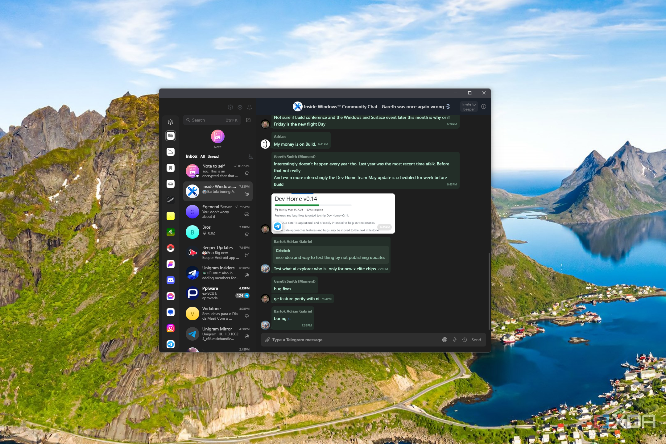 Screenshot of Beeper desktop showing a group chat from Telegram