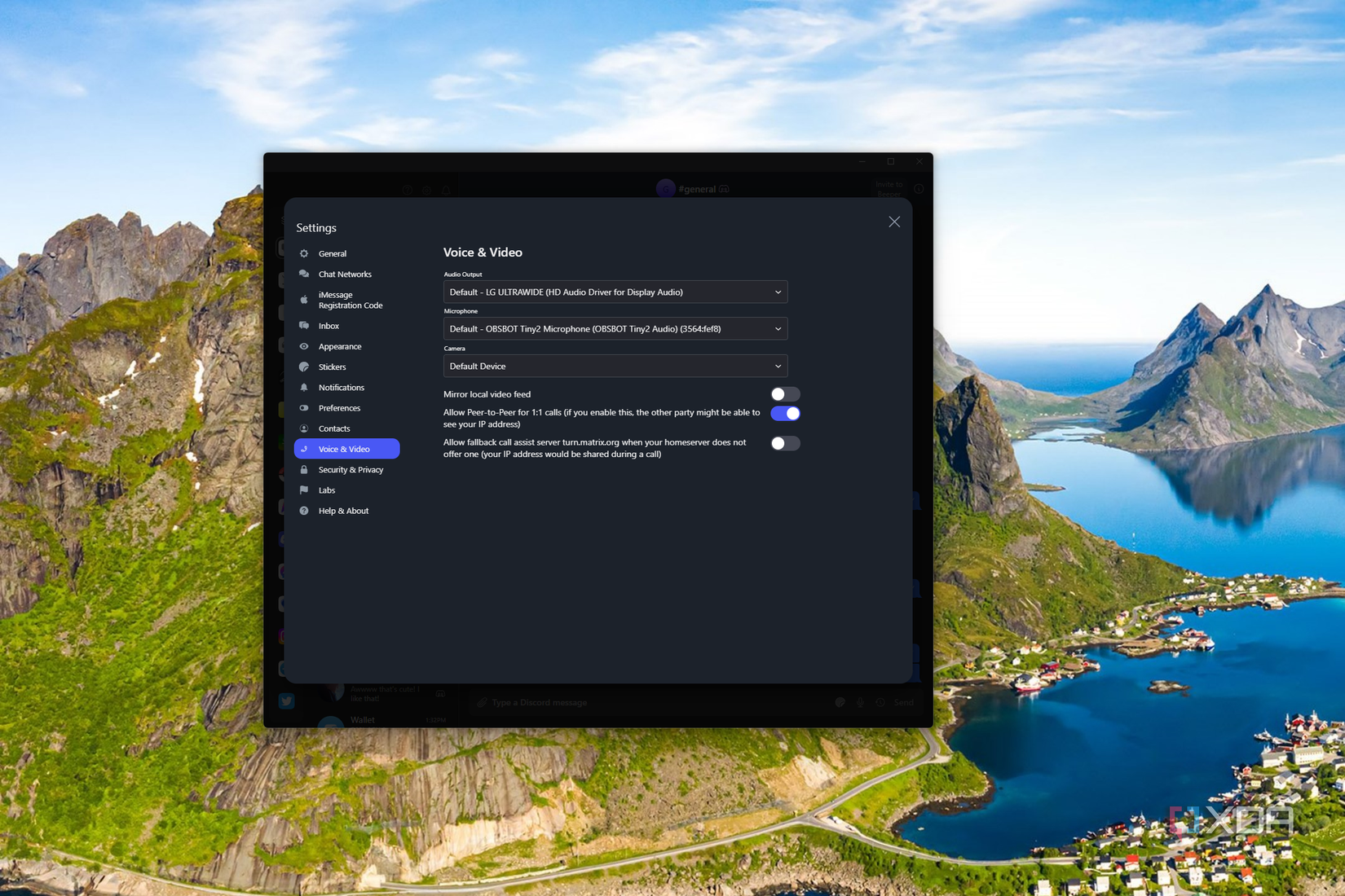 Screenshot of Beeper voice and video settings