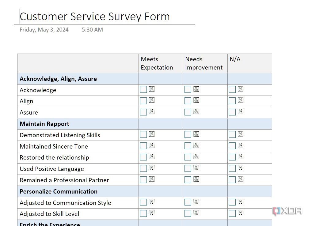 Customer survey template in OneNote