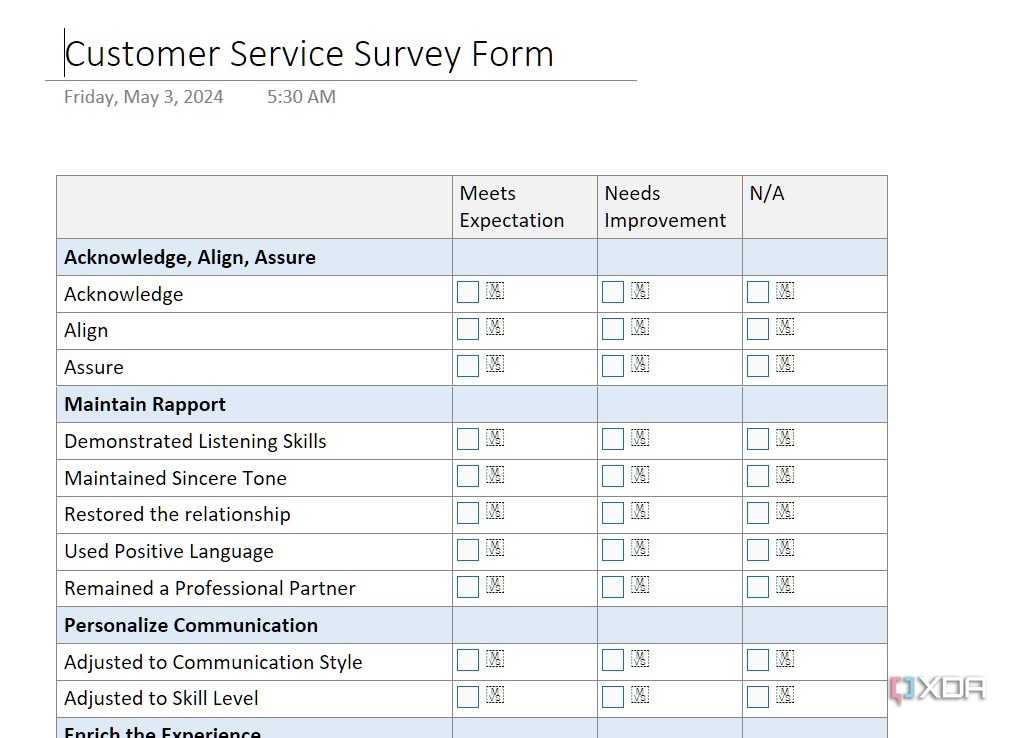 Customer survey template in OneNote