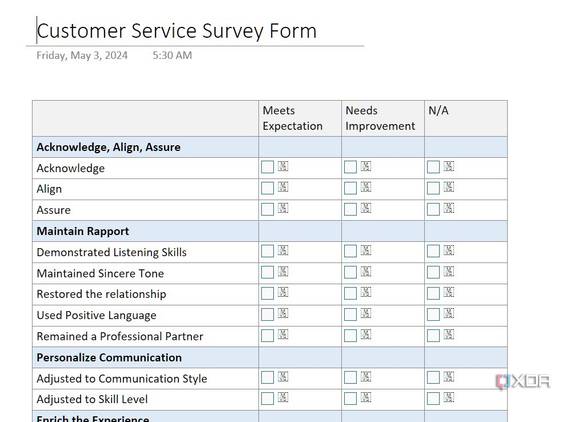 Customer survey template in OneNote