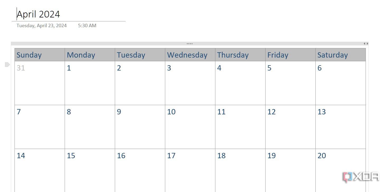 Monthly view template in OneNote