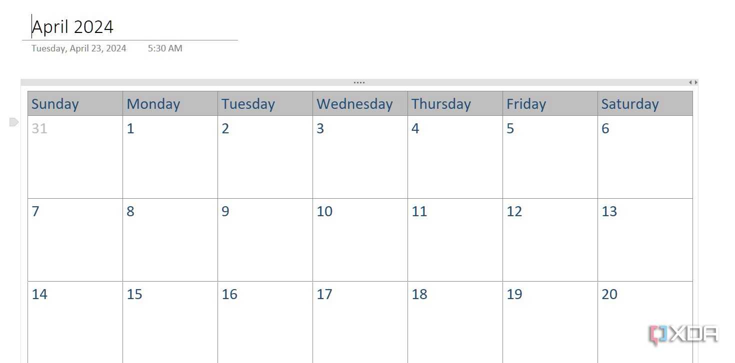 Monthly view template in OneNote