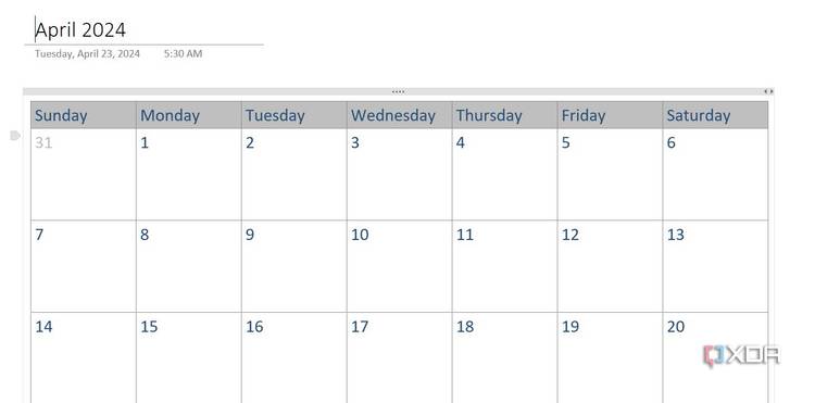 Monthly view template in OneNote