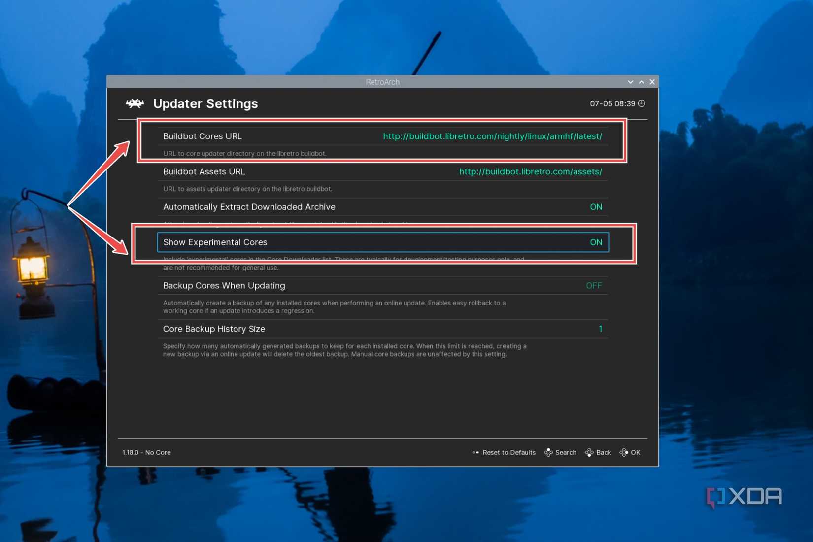 The BuildBot Core URL and Experimental Cores options highlighted
