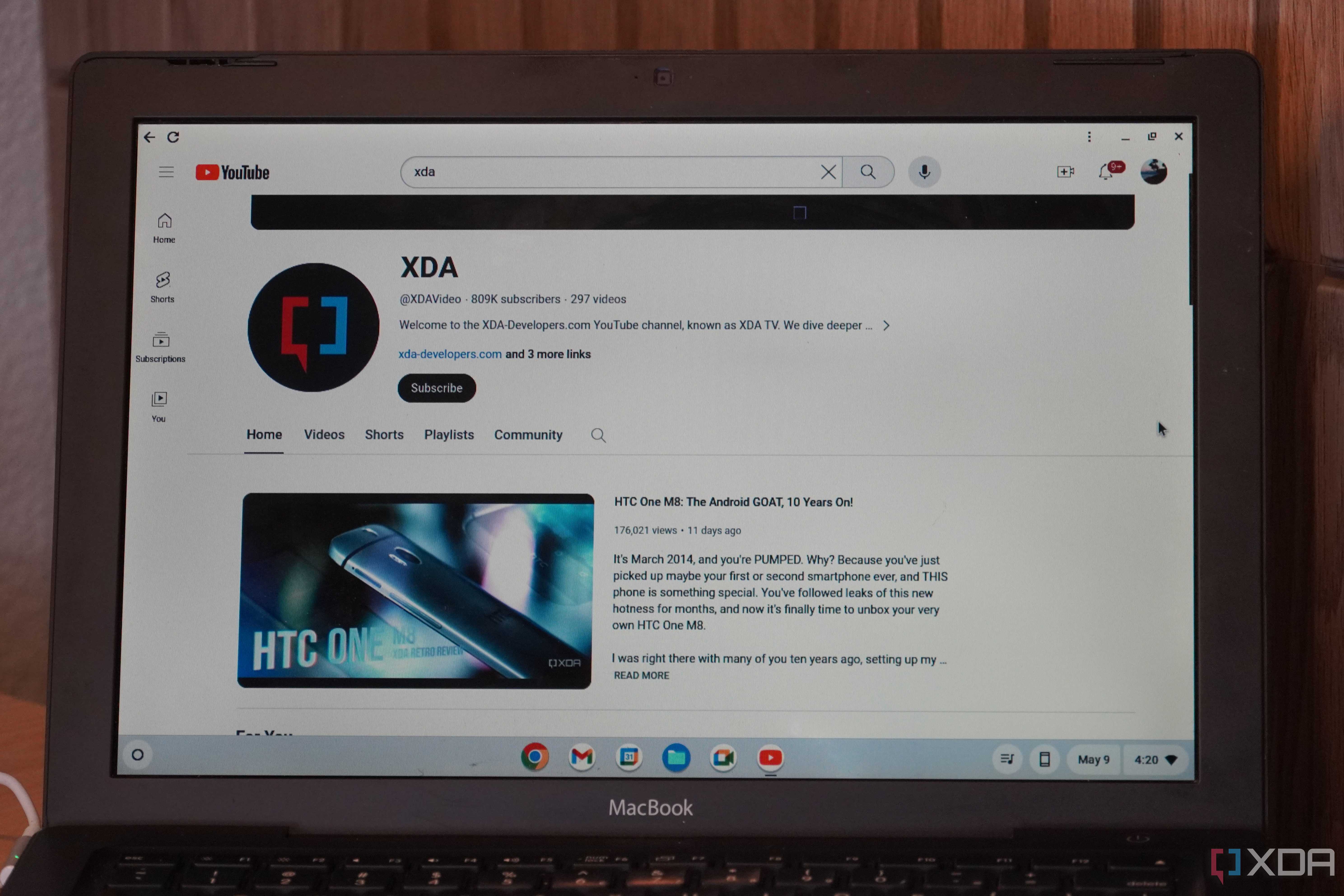 ChromeOS Flex showing the XDA YouTube channel.