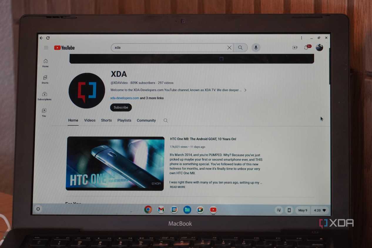 ChromeOS Flex showing the XDA YouTube channel.