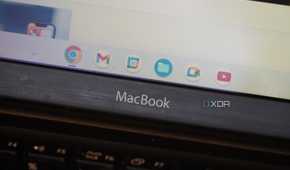 The ChromeOS dock above the MacBook text.