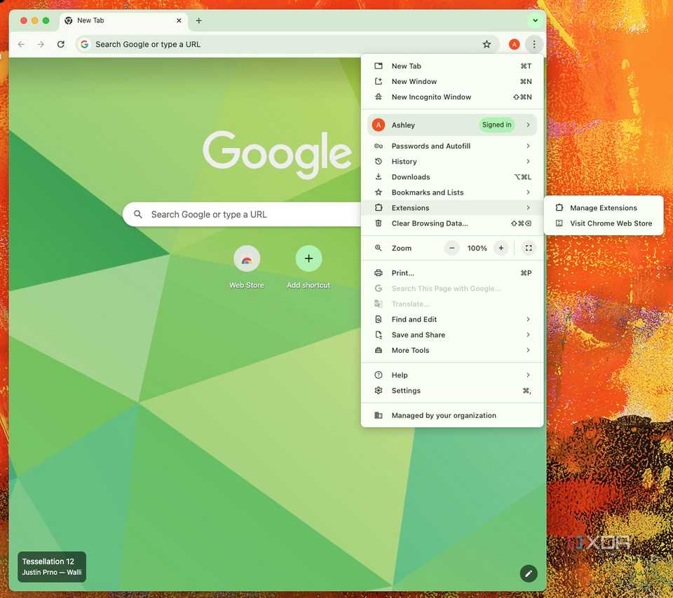 Screenshot showing how to access the Chrome extensions manager
